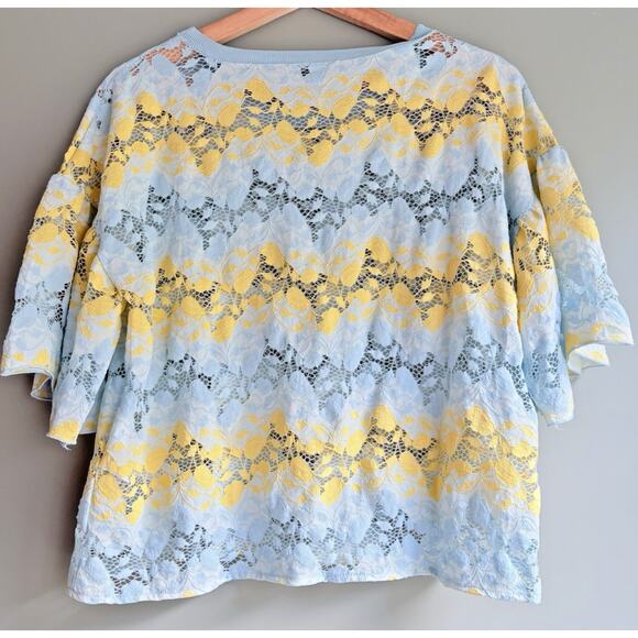 ZARA Pastel Lace Sheer Floral Top Blue Yellow Chevron Scallop Flutter Sleeve L - Picture 4 of 8